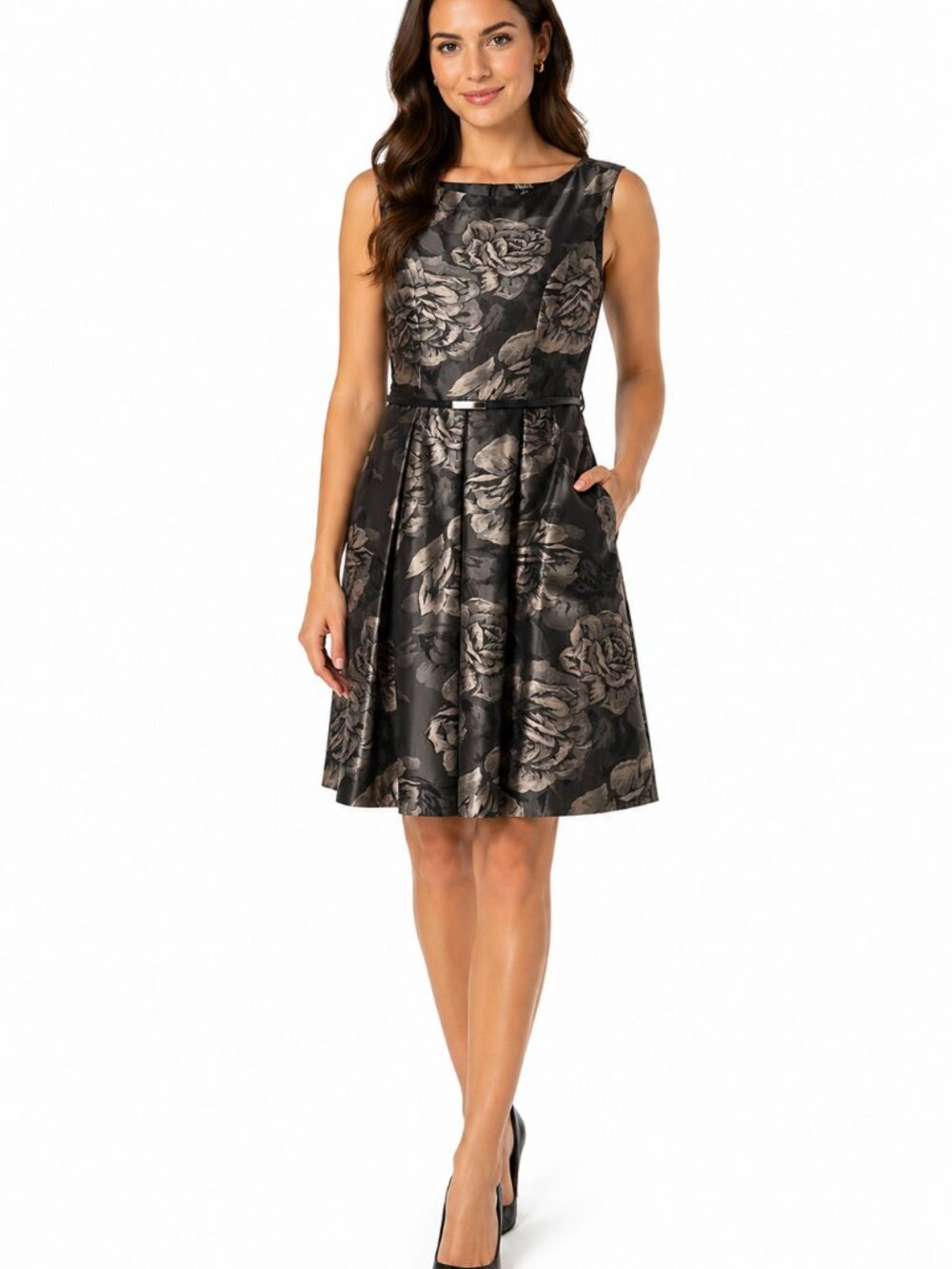 SLNY Gray Floral Jacquard Sleeveless Fit & Flare Cocktail Dress Size‎ 8